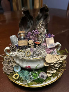 Eerie fox taxidermy scene with embedded clock gears, symbolizing the passage of timeless oddities.